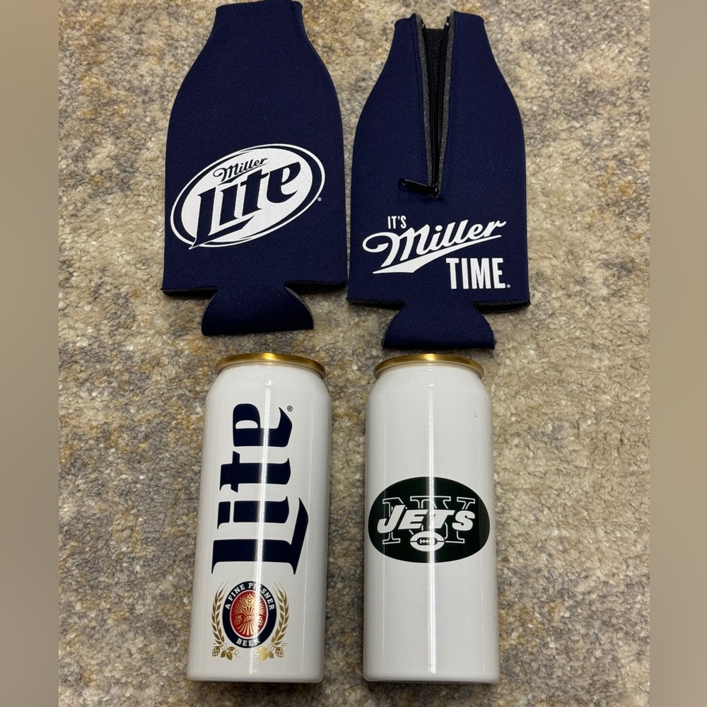 4 Pc Set: 2 Miller Lite JETS Aluminum Cup & 2 Miller Lite Bottle Koozie NEW RARE